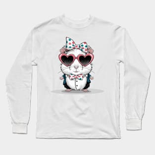 Guinea pig print design wearing heart-shaped sunglasses and bow tie with polka dot headband, cute cartoon style Long Sleeve T-Shirt